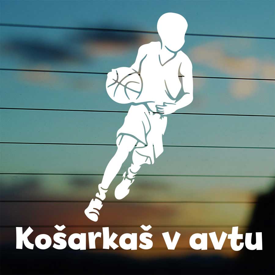 Bela nalepka košarkarja z žogo in besedilom po želji na zadnjem steklu.